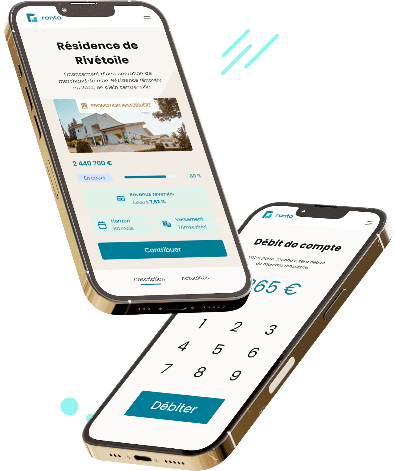 Application mobile Ronto, plateforme de partage de revenus en immobilier à partir de 100 €.